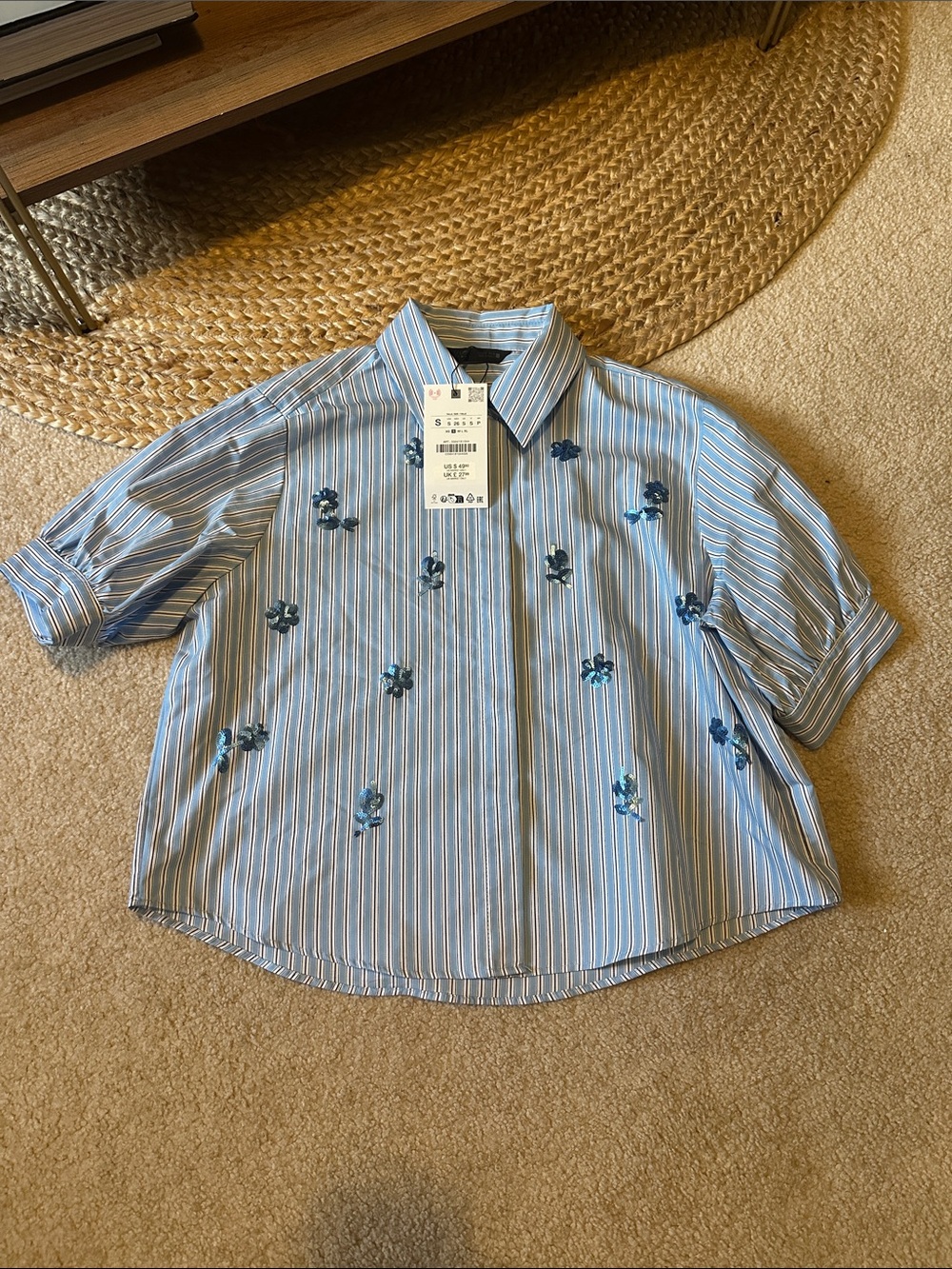 Blue Striped Embroidered Button-Up Shirt